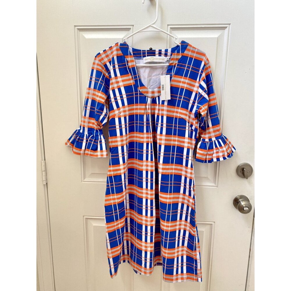 Tracy Negoshian Blue and Orange Plaid Dress
